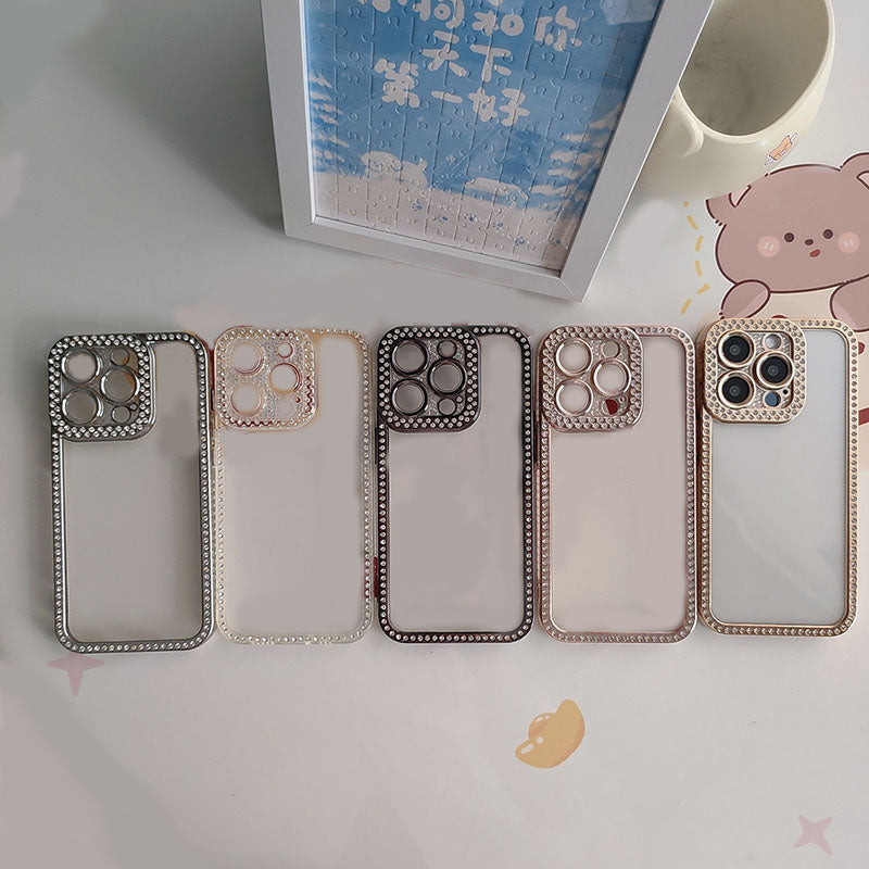New Fashion Transparent Phone Case for iPhone 13 14 15 16 17 Pro Max With Camera Protector Full Diamond Inlay Bling Cover
