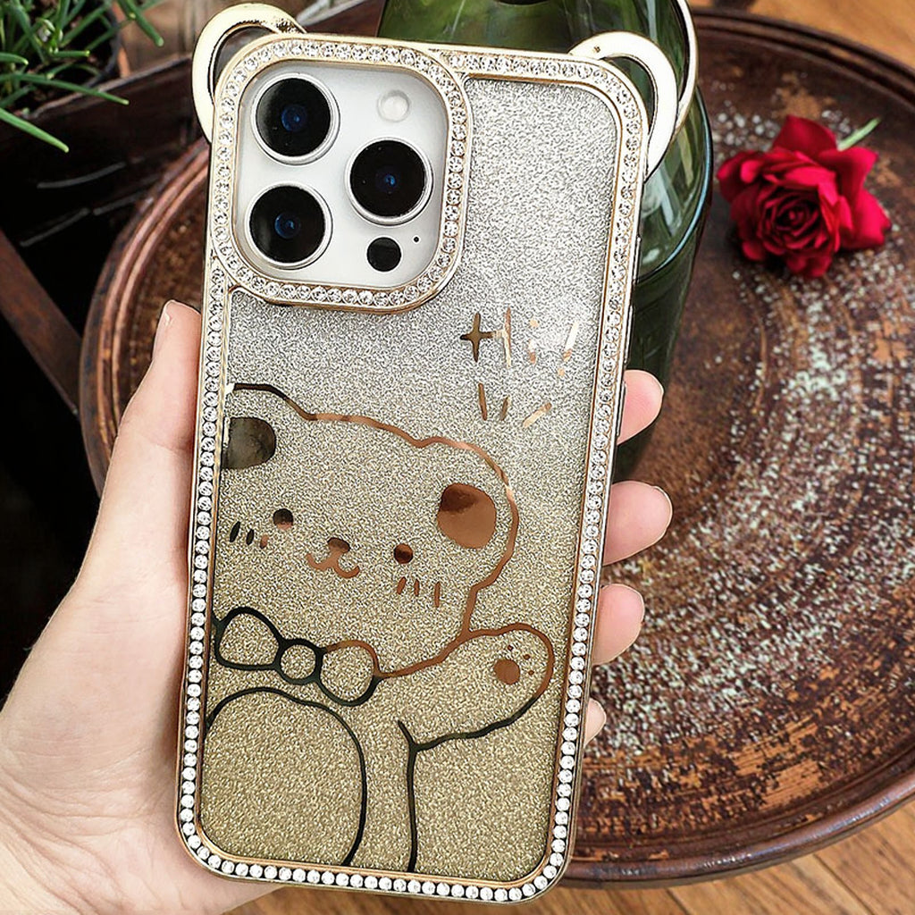 Cute Electroplating Bear Ears Mobile Phone Case Suitable Gradient Glitter Cartoon Pattern TPU Soft Shell for 16 15 Pro Max