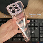 New Fashion Transparent Phone Case for iPhone 13 14 15 16 17 Pro Max With Camera Protector Full Diamond Inlay Bling Cover
