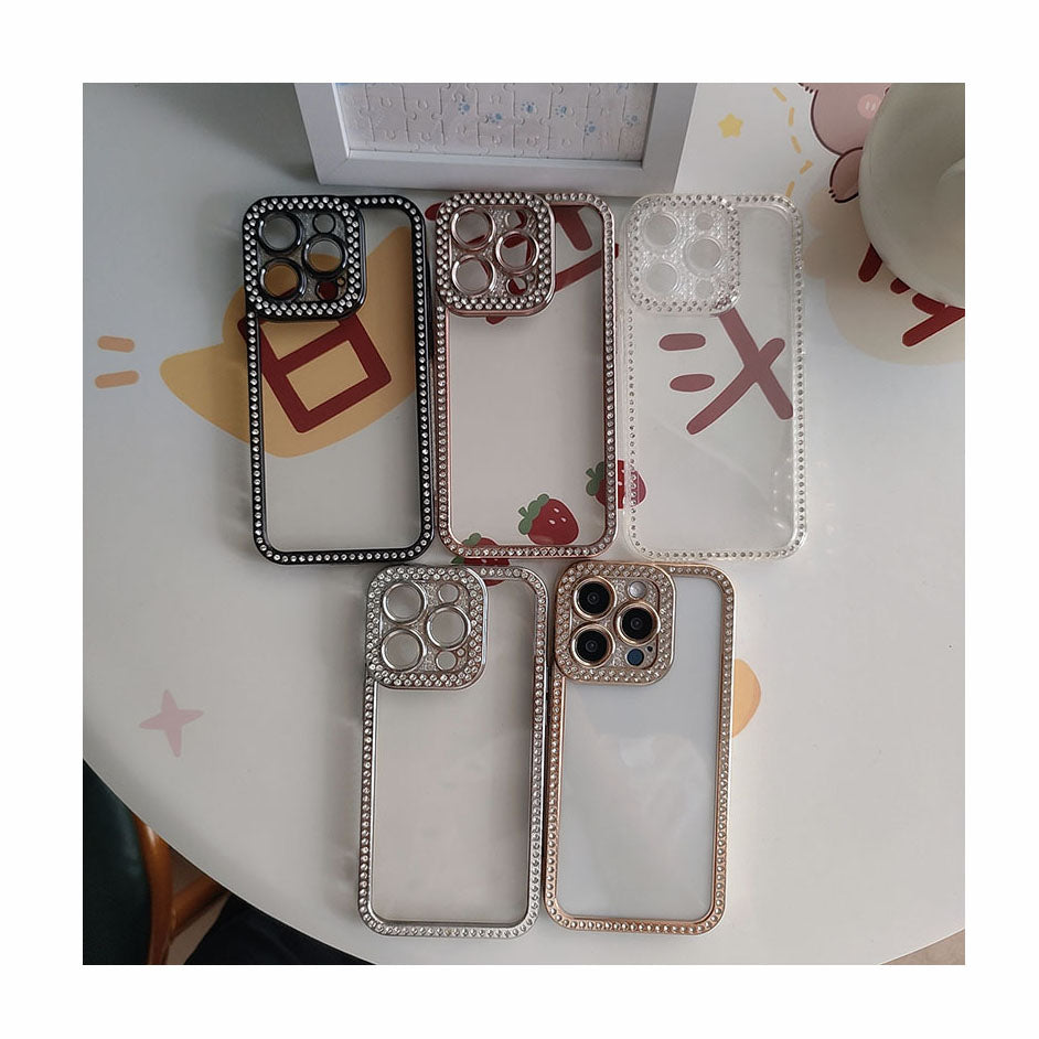 New Fashion Transparent Phone Case for iPhone 13 14 15 16 17 Pro Max With Camera Protector Full Diamond Inlay Bling Cover