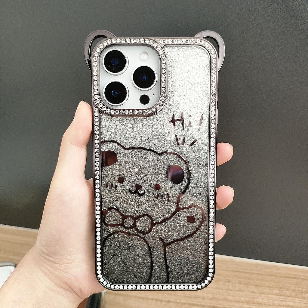 Cute Electroplating Bear Ears Mobile Phone Case Suitable Gradient Glitter Cartoon Pattern TPU Soft Shell for 16 15 Pro Max