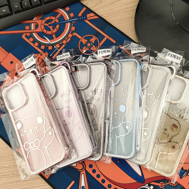 Cute Electroplating Bear Ears Mobile Phone Case Suitable Gradient Glitter Cartoon Pattern TPU Soft Shell for 16 15 Pro Max
