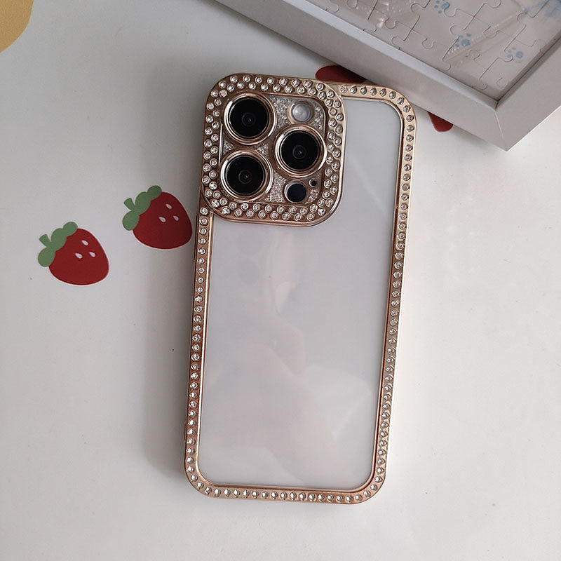 New Fashion Transparent Phone Case for iPhone 13 14 15 16 17 Pro Max With Camera Protector Full Diamond Inlay Bling Cover