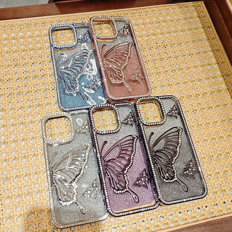Bling Diamond Butterfly Phone Case for iPhone 17 Pro Max 16 15 14 13 12 11 Protective Cover Electroplating TPU Phone Cover