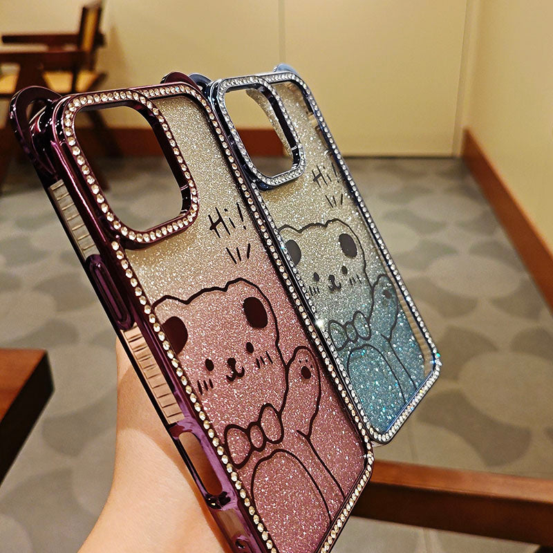 Cute Bear TPU Electroplated Luxury Shockproof Mobile Phone Case for iPhone 17 Pro Max 17Air 16Pro Max Diamond Phone Cover Girly
