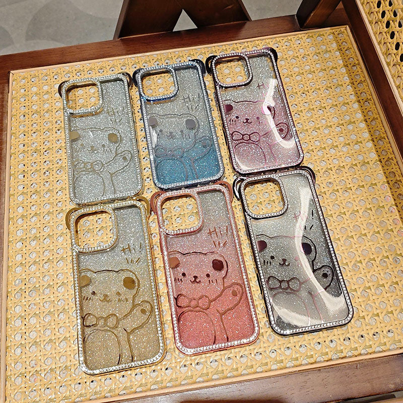 Cute Bear TPU Electroplated Luxury Shockproof Mobile Phone Case for iPhone 17 Pro Max 17Air 16Pro Max Diamond Phone Cover Girly