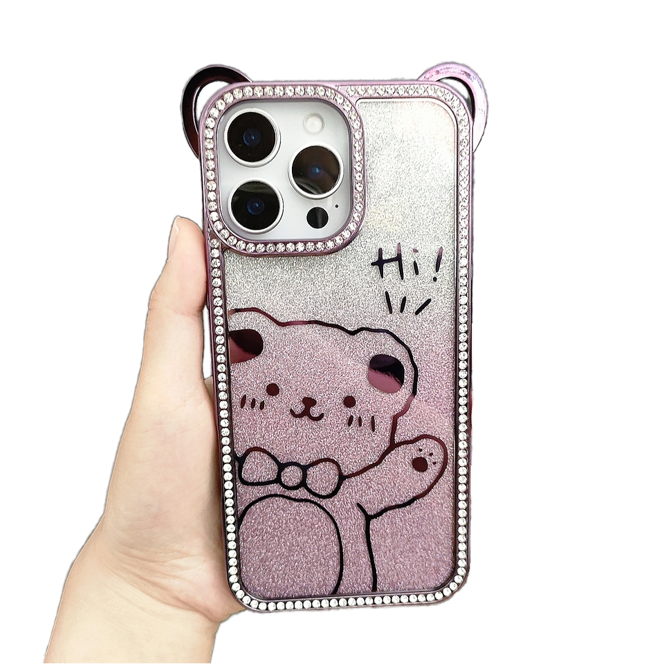 Cute Electroplating Bear Ears Mobile Phone Case Suitable Gradient Glitter Cartoon Pattern TPU Soft Shell for 16 15 Pro Max