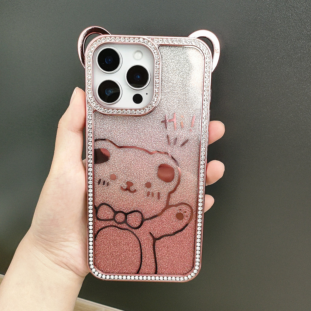 Cute Electroplating Bear Ears Mobile Phone Case Suitable Gradient Glitter Cartoon Pattern TPU Soft Shell for 16 15 Pro Max