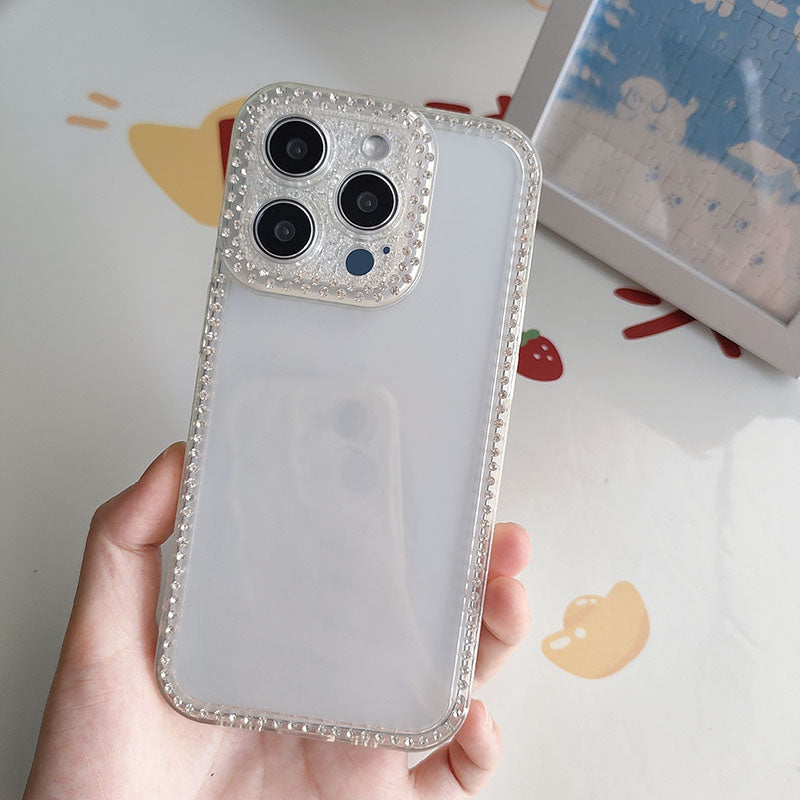 New Fashion Transparent Phone Case for iPhone 13 14 15 16 17 Pro Max With Camera Protector Full Diamond Inlay Bling Cover