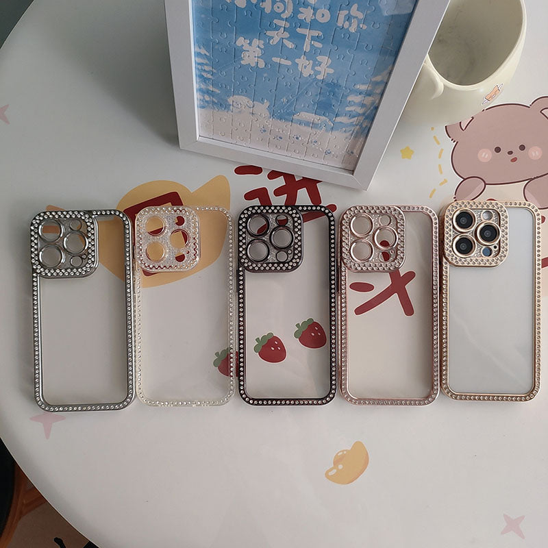 New Fashion Transparent Phone Case for iPhone 13 14 15 16 17 Pro Max With Camera Protector Full Diamond Inlay Bling Cover