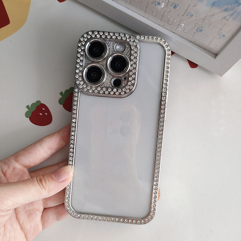 New Fashion Transparent Phone Case for iPhone 13 14 15 16 17 Pro Max With Camera Protector Full Diamond Inlay Bling Cover